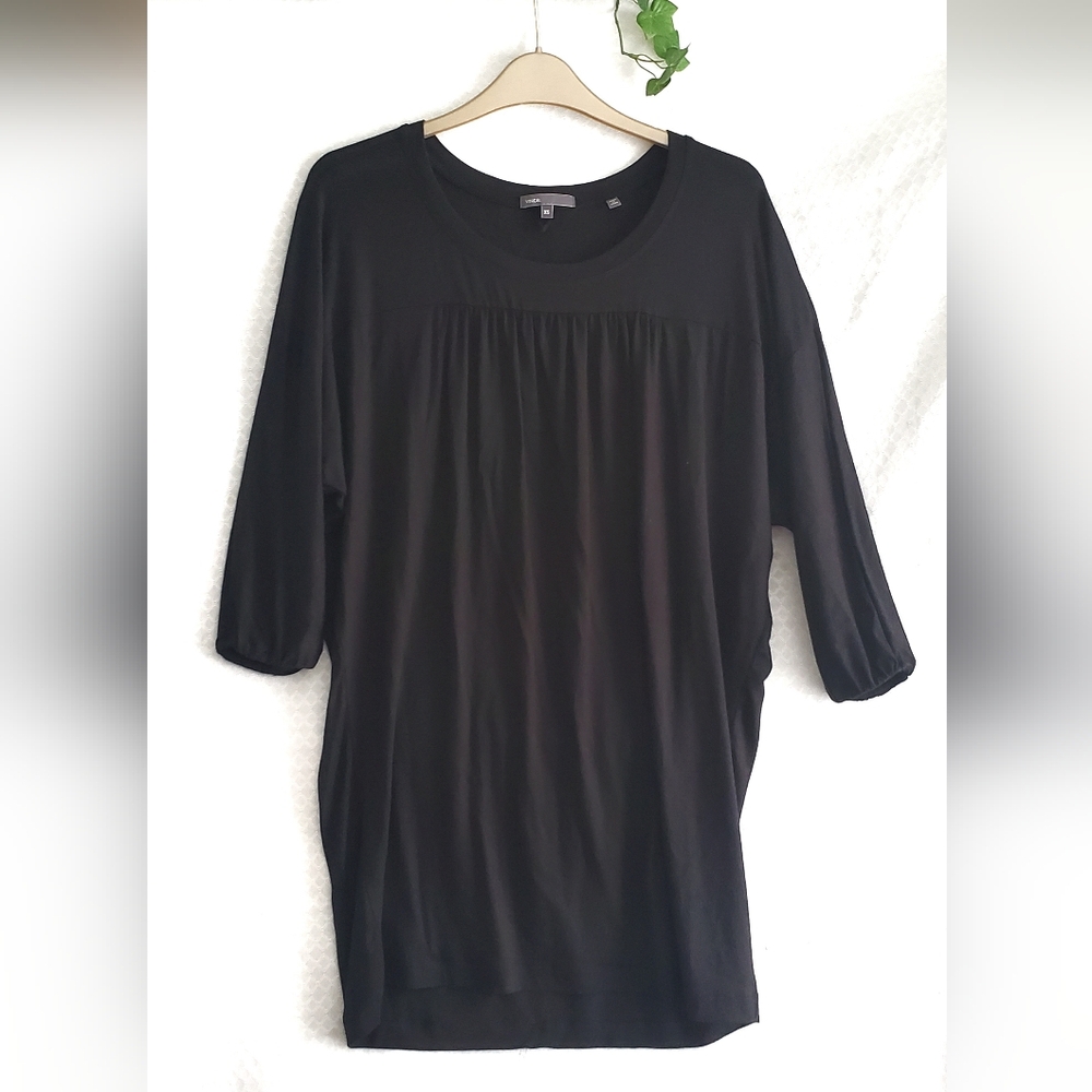 VINCE Women's Basic Black Tunic Top Baby Doll Boho 3/4 sleeves Long Oversized XS